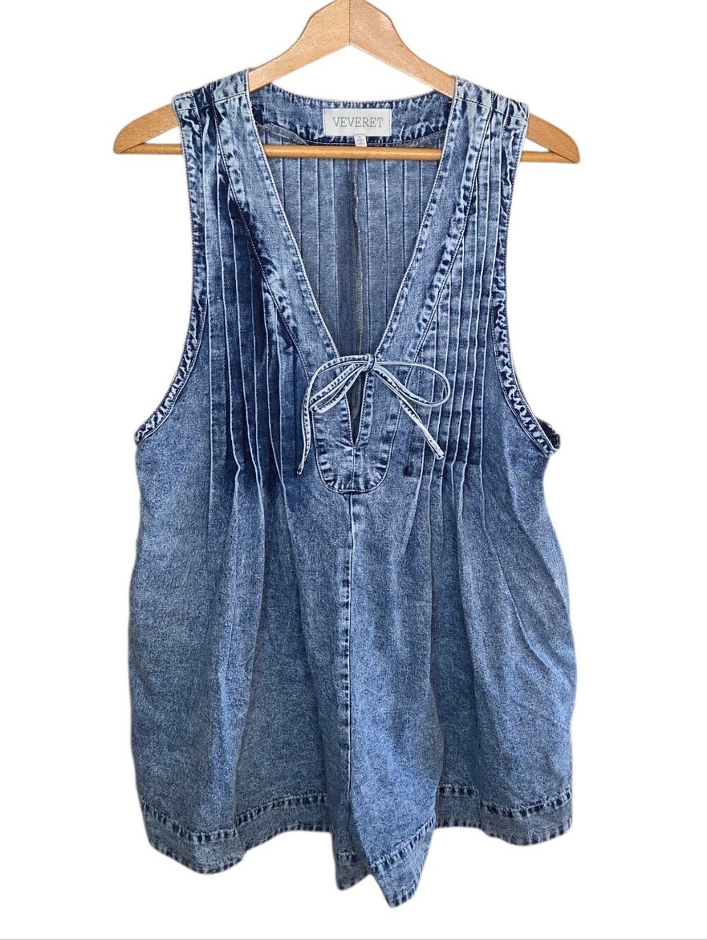 Veveret Stonewashed Pleated Tie Front Denim Romper Size Large Cotton Casual